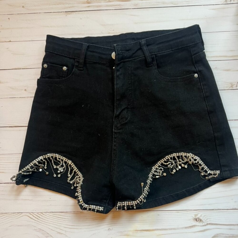 Black Denim Rhinestone-Trimmed Shorts – Size Small (2” Inseam)